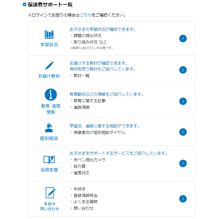 進研ゼミ中学講座「保護者サポート一覧」